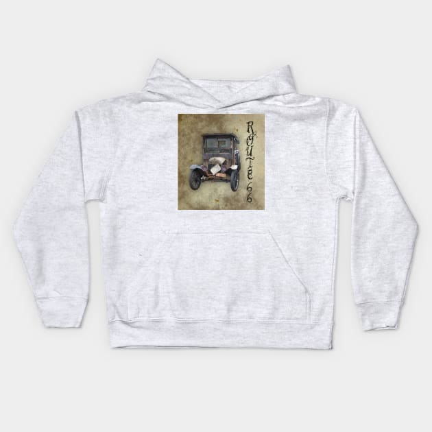 Antique Automobile and Old Route 66 Kids Hoodie by ButterflyInTheAttic